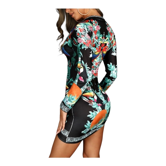 CBR Multicolor Black Front Zipper Tropical Print Knotted Irregular Mini Dress S - Picture 2 of 9
